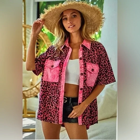 BiBi Pink Leopard Print Button-Up Shirt - Picture 3 of 6